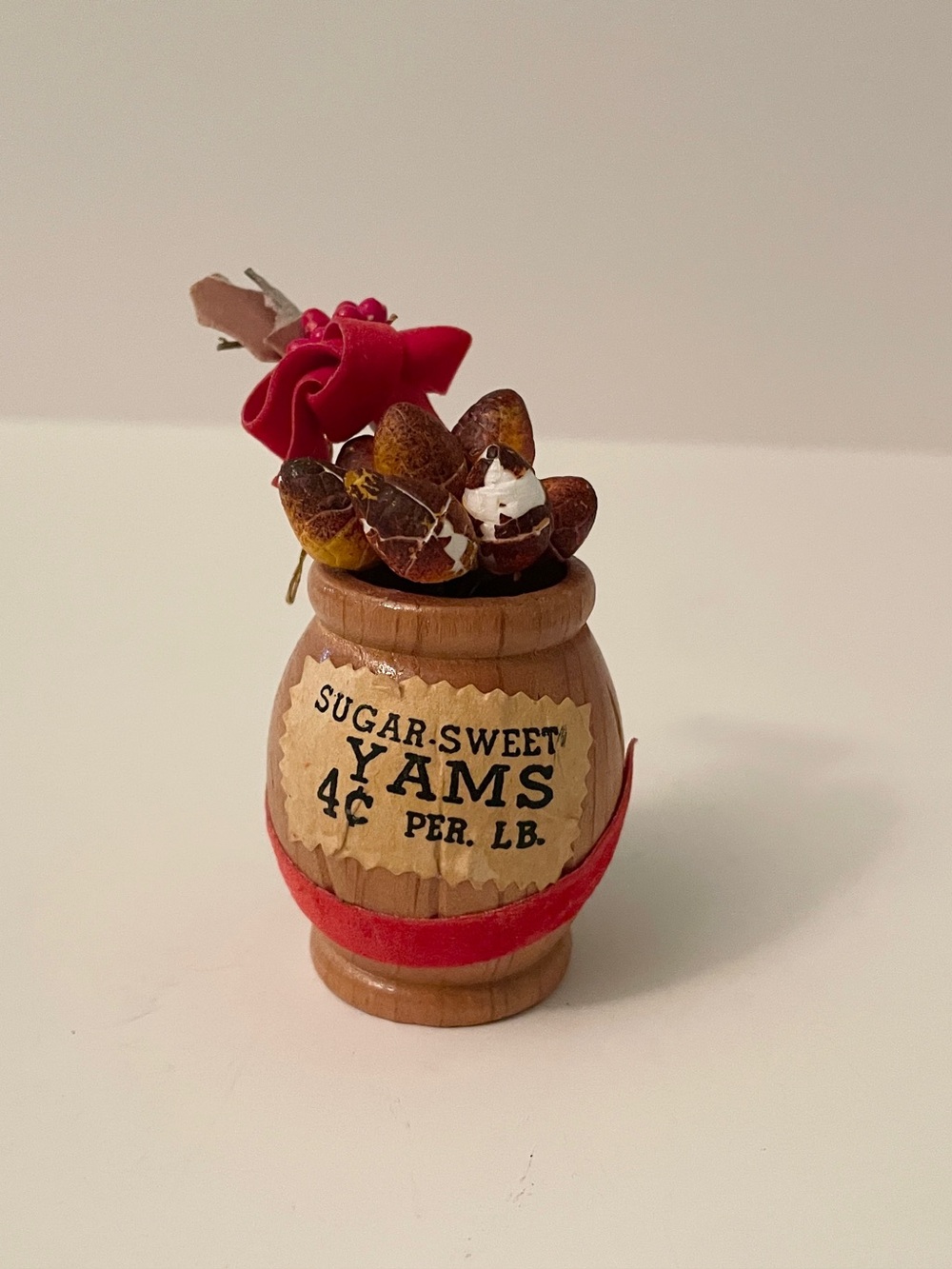 Vintage Kurt S. Adler Wood Barrel Sugar Sweet Yams Holiday Ornament